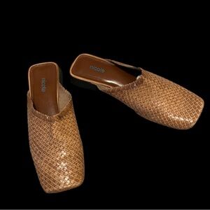 Nicole Woven Leather Light Brown Tan Square Slip On Mules